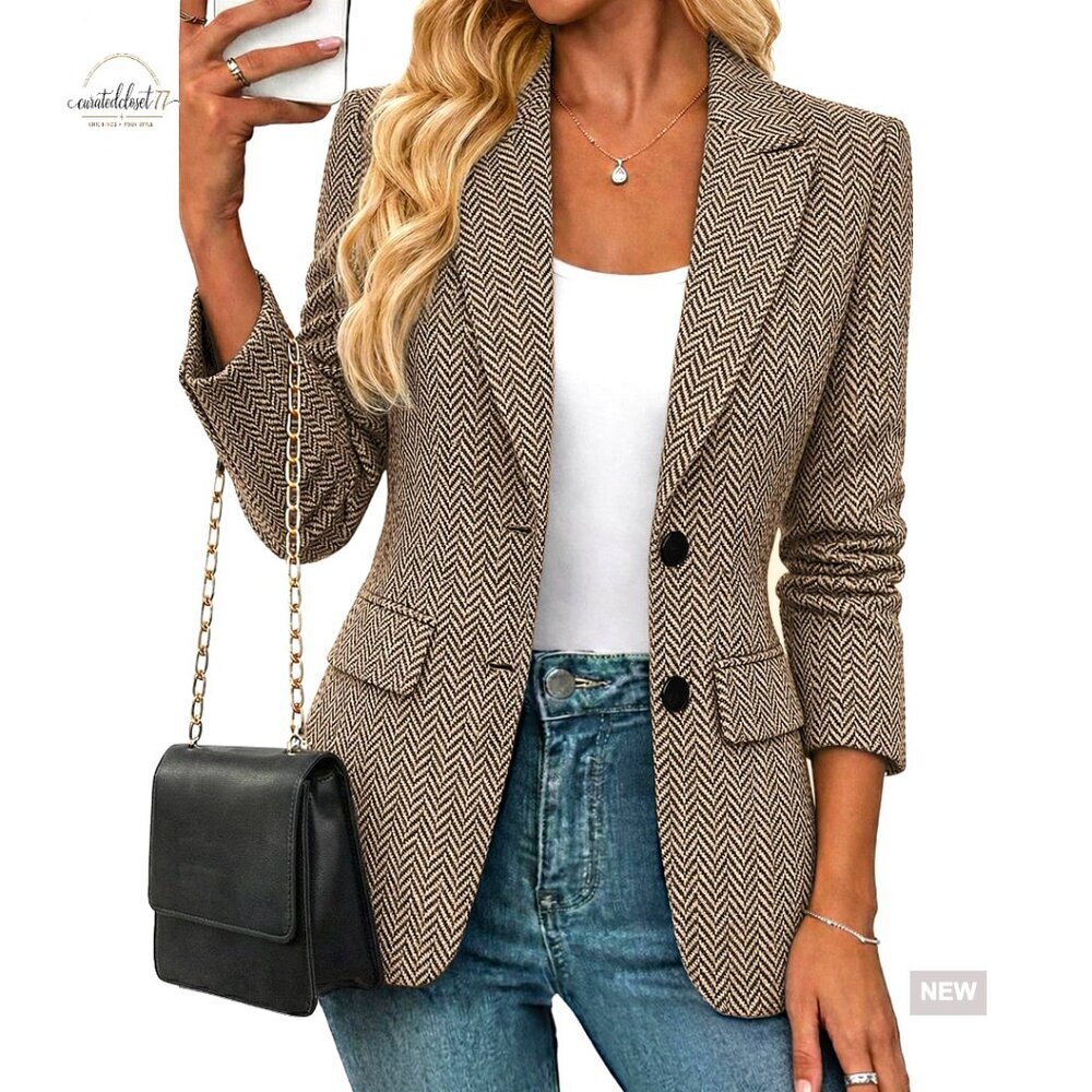 Herringbone Tweed Blazer Notched Lapel Lined Work Office Jacket Pockets